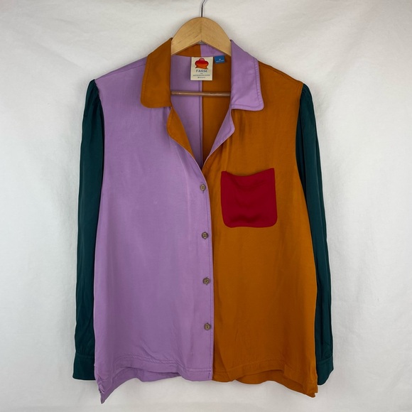 Farm Rio for Anthropologie Puff Sleeve Button Down Women’s M Color Block - Picture 2 of 16